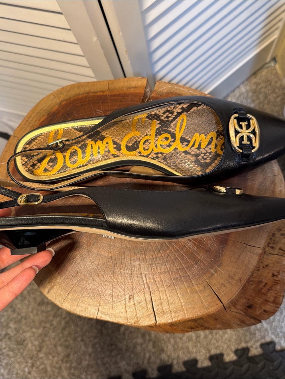 Black Leather Pointed Slingback Flat with Gold Hardware - Picture 3 of 8